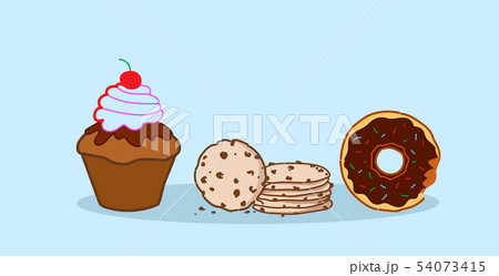 donut muffin cake chip cookies different sweet freshly baked dessert food concept sketch horizontal 54073415
