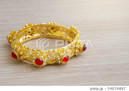 gold bracelet Thai style with red gem stone 54074897