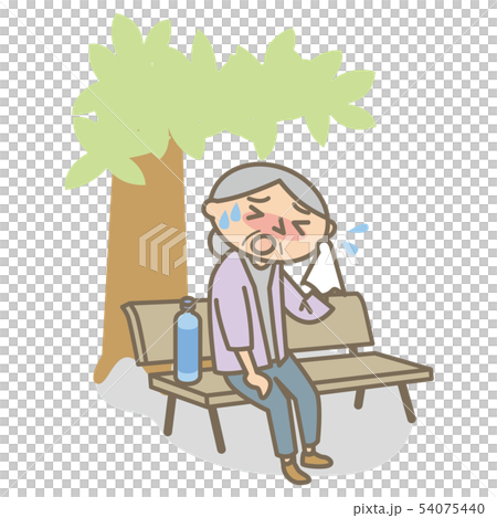 夏　熱中症　木陰で汗を拭くおばあさん 54075440