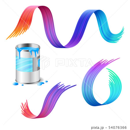 Open metal can of blue paint with rainbow paint strokes set Open metal can of blue paint with rainbow paint strokes set 54076366