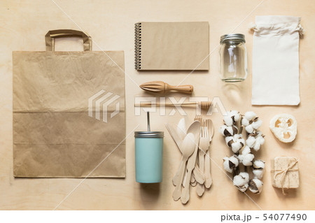 Zero waste concept. Wooden utensils, reusable bag 54077490