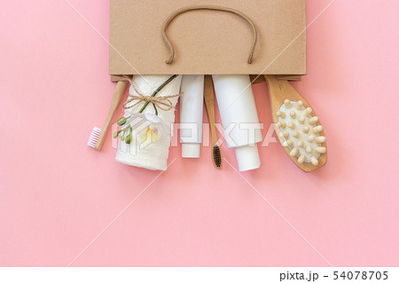 Set of eco cosmetics products and tools for shower or bath Bamboo toothbrush, natural brush, white Set of eco cosmetics products and tools for shower or bath Bamboo toothbrush, natural brush, white 54078705