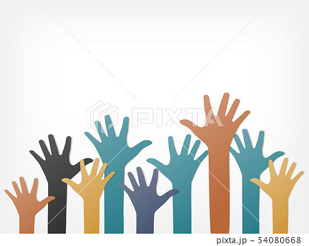 Colorful up hands. Raised hands volunteering. team 54080668