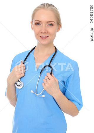 Doctor woman or nurse isolated over white background. Cheerful smiling medical staff representative Doctor woman or nurse isolated over white background. Cheerful smiling medical staff representative 54081706