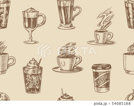 Cups of coffee background in vintage style. Seamless pattern. Take away Cappuccino and Glace 54085168