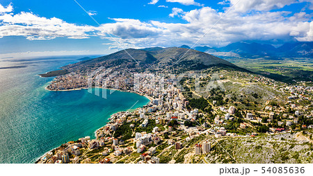 Aerial view of Saranda with Lekuresi Castle in Albania 54085636