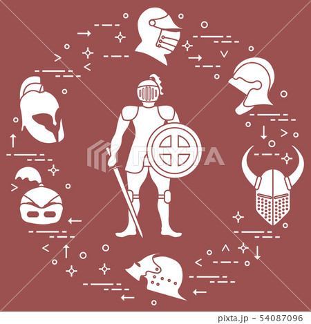 Knight with shield, sword, and different helmets 54087096