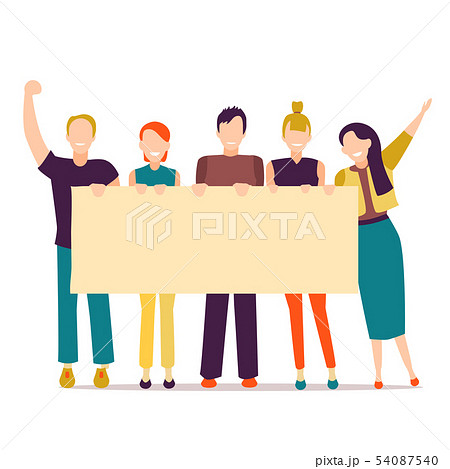 Cartoon Different Characters People Holding Banner. Vector 54087540