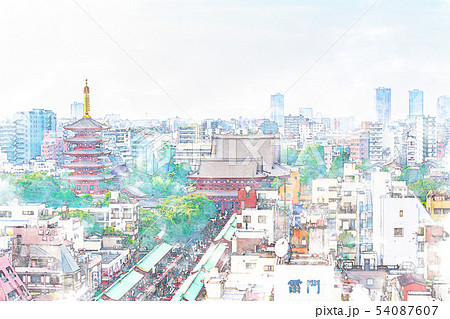 [水彩画風]浅草寺五重塔と宝蔵門(仁王門) 54087607