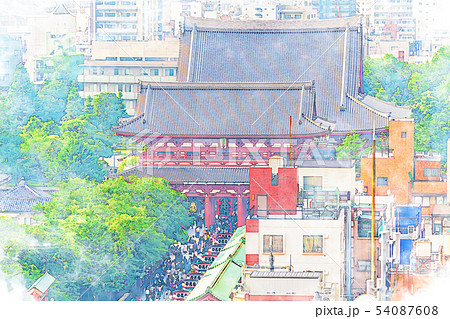 [水彩画風]浅草寺 仲見世通りと宝蔵門 54087608
