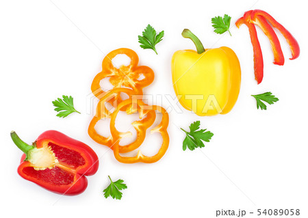 yellow orange and red sweet bell pepper isolated on white background with copy space for your text yellow orange and red sweet bell pepper isolated on white background with copy space for your text 54089058