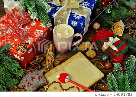 Top view with open diary book, gifts 54091782