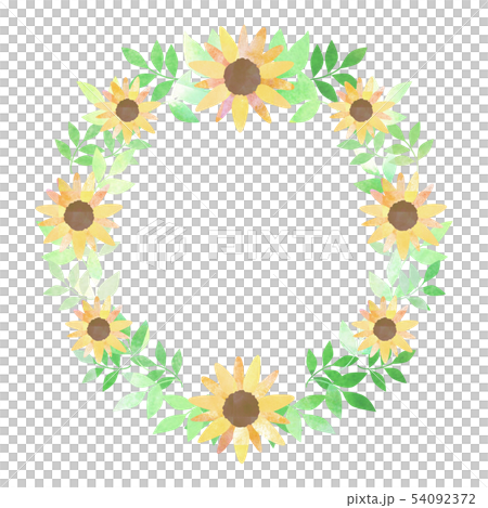 ヒマワリと葉っぱ 水彩 丸フレームのイラスト素材