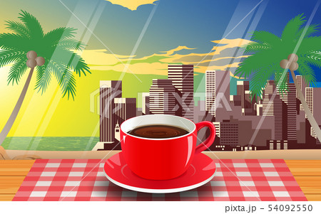 red coffee cup on the wooden table on the beach 54092550