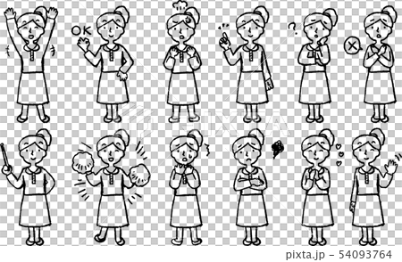 女性 ポニーテール 主婦 ポーズ リアクション イラスト セットのイラスト素材