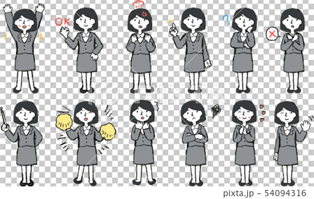 Woman suit Business woman OL Bob cut pose reaction illustration set 54094316