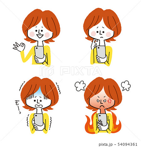 スマホを見る女性の表情バリエーション 54094361
