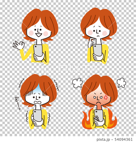 スマホを見る女性の表情バリエーション 54094361