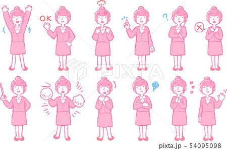 女性　スーツ　新入社員　新卒　OL　ポニーテール　ポーズ　リアクション　イラスト　セット 54095098