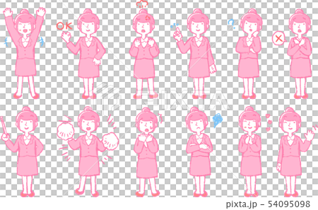 Female suit New employee New graduate OL Ponytail Pose Reaction illustration set 54095098