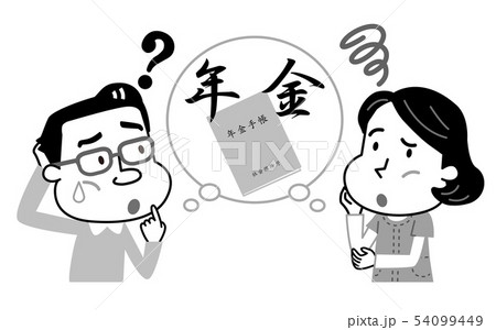 年金　中年　夫婦　モノクロ　イラスト 54099449