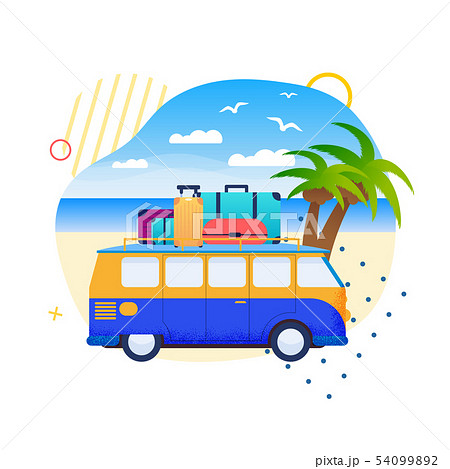 Road Trip by Bus to Warm Country Flat Cartoon 54099892
