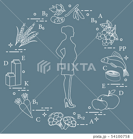 Pregnant woman and foods rich in vitamins 54100758