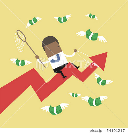Businessman riding success arrow catch money fly. 54101217