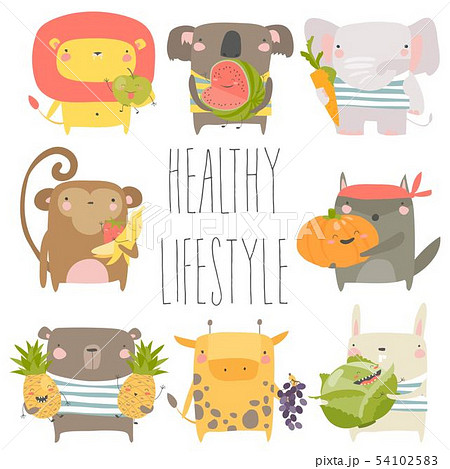 Cartoon animals holding fruits and vegetables on white background 54102583