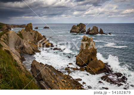 Dramatic view of Playa de la Arnia, Cantabria, Spain. Dramatic view of Playa de la Arnia, Cantabria, Spain. 54102879
