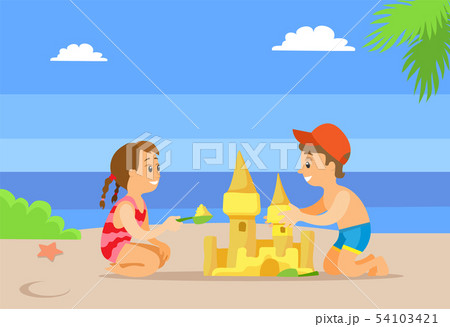 Summertime Activity on Beach, Making Castle Vector Summertime Activity on Beach, Making Castle Vector 54103421