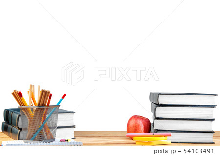 Pile of books with notes paper and pen 54103491