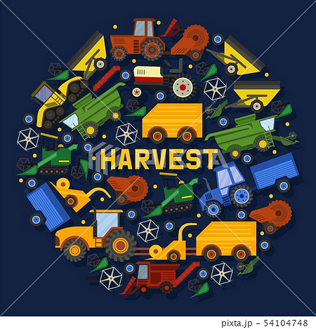 Harvesting machines banner vector illustration. Equipment for agriculture. Industrial farm vehicles 54104748