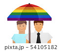 Family is protected by an umbrella, silhouette. LGBT flag. 54105182