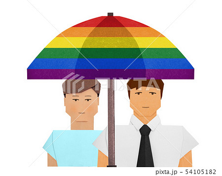 Family is protected by an umbrella, silhouette. LGBT flag. 54105182