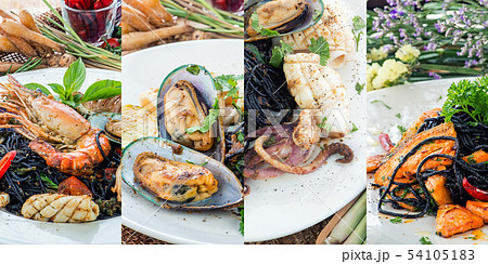 Black spaghetti collage of various plates of  54105183