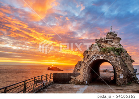 Biarritz, France, Rock of the Virgin on sunset 54105365