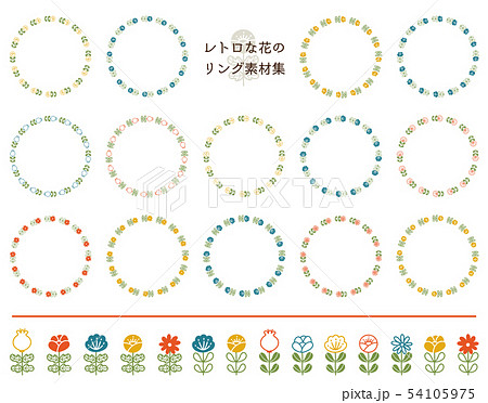 レトロな花のリング型フレームセットのイラスト素材