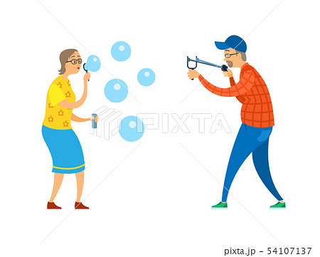 Pensioners with Catapult and Soap Bubbles Vector Pensioners with Catapult and Soap Bubbles Vector 54107137