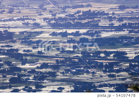 (富山県)医王山から望む、砺波の散居村・夜明け (富山県)医王山から望む、砺波の散居村・夜明け 54107478