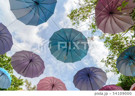 Many multiple colors umbrella with blue sky  54109000