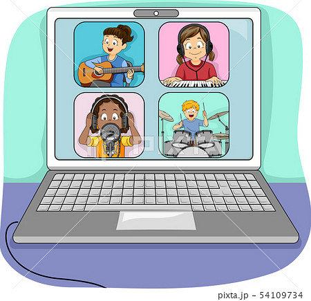 Kids Online Jamming Laptop Illustration 54109734