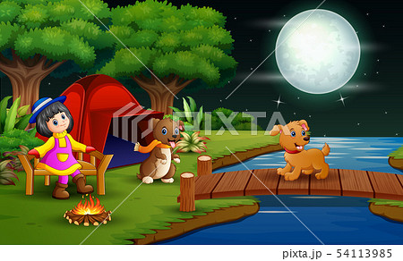 Little girl camping in the forest at night 54113985