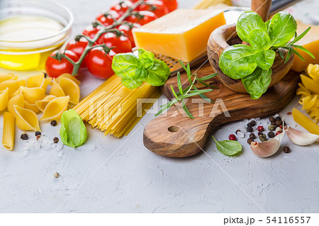 Raw pasta ingredients background 54116557
