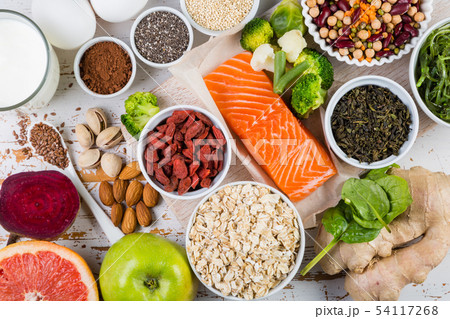 Selection of superfoods on rustic background Selection of superfoods on rustic background 54117268