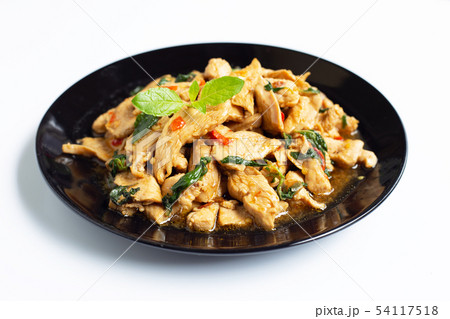 Stir-fried chicken with holy basil on white 54117518