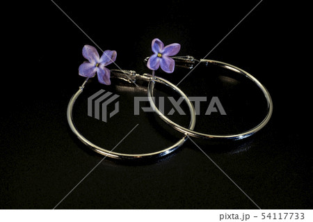 Shiny round thin metal earrings and lilac flowers. Shiny round thin metal earrings and lilac flowers. 54117733