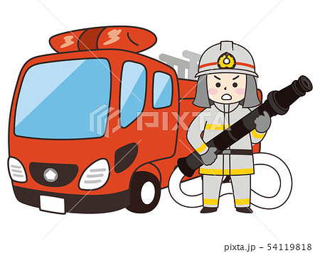 消防士の男性とはしご消防車のイラスト素材