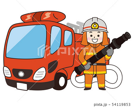 消防士の男性とはしご消防車のイラスト素材
