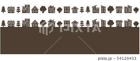 家と木の並びシルエット横並びのイラスト素材